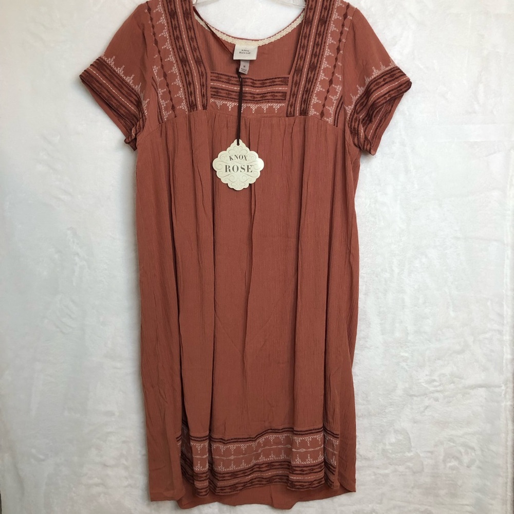 Knox Rose MIDI Embroidered Square Neckline Dress, Rose Gold, Size M